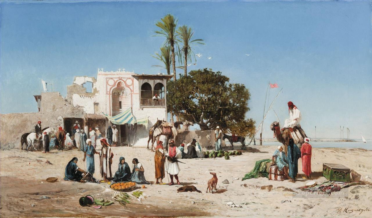 Marche au bord du Nil Victor Huguet Araber Oil Paintings